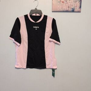 NWT HALARA size XS Colorblock Short-Sleeve Athletic Top T-shirt Black Pink
